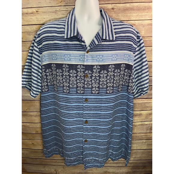 Tommy Bahama Silk Short Sleeve Button-Up Shirt Blue Stripe Geometric Size XL - Picture 2 of 8